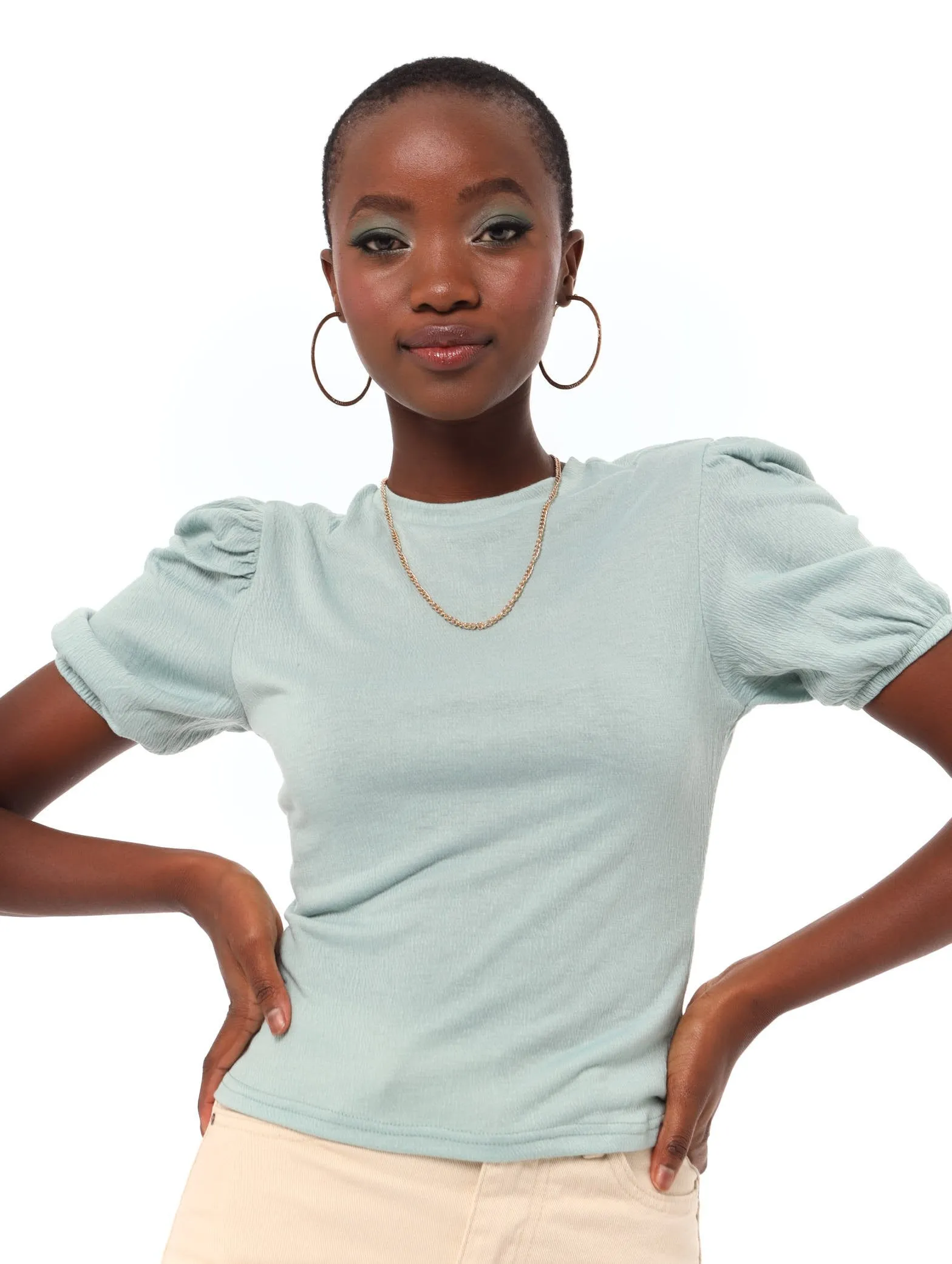 Ladies Short Puff Sleeve Top - Mint sold by Edgars