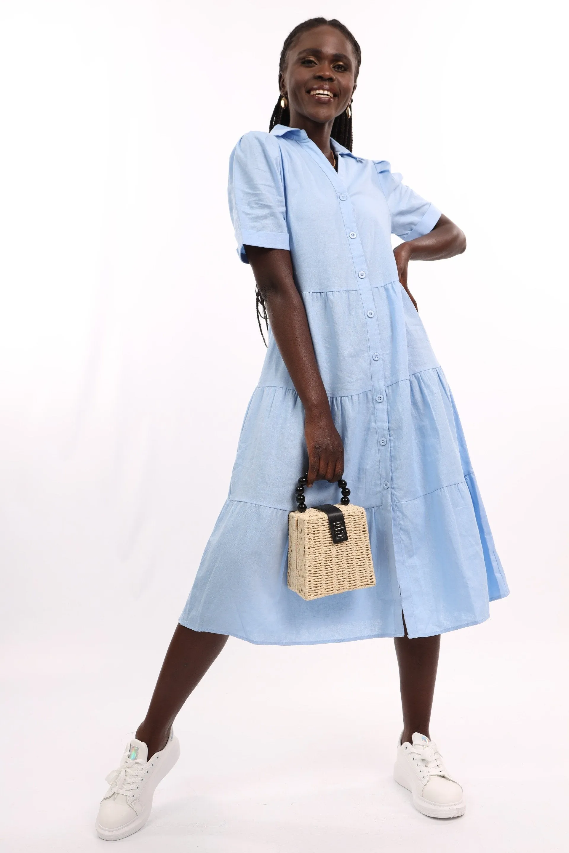 Ladies Tiered Button Thru Dress - Blue sold by Edgars