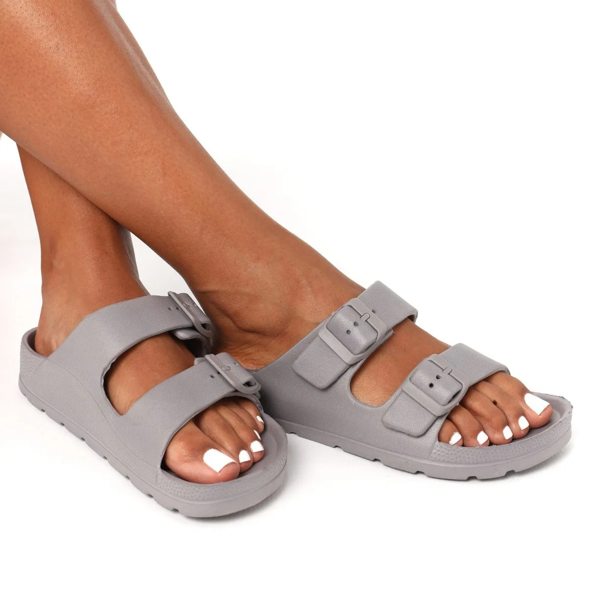 Ladies Double Buckle Strap Mule Sandal - Grey sold by Edgars