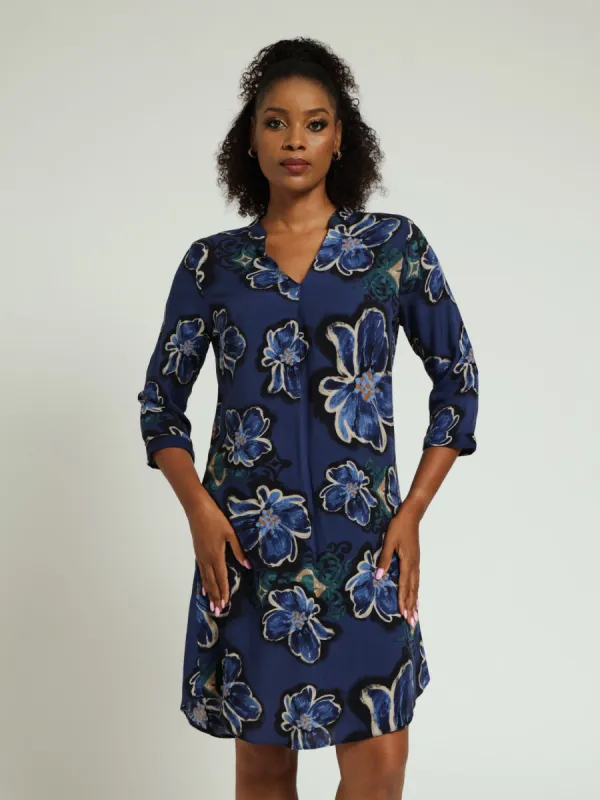 ¾ Sleeve Mandarin Pleated Front Shift Dress - Navy made by Edgars
