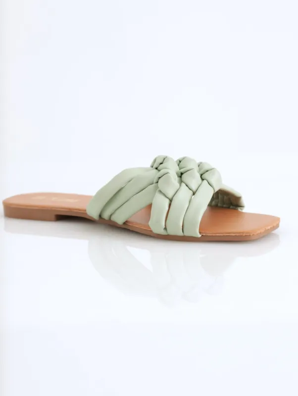Ladies Puffy Multi Knotted Strap Push In Mule Sandal - Sage sold by Edgars