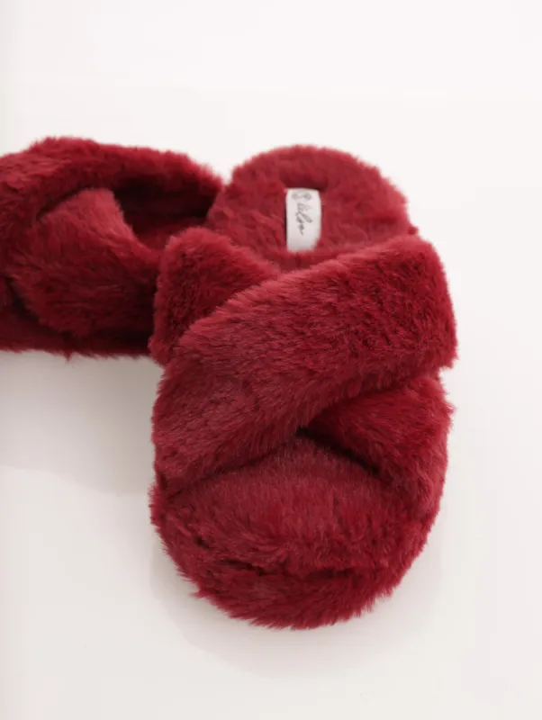 Ladies Thick Fur Cross-Over Push-In Mule Slipper - Burgundy sold by Edgars