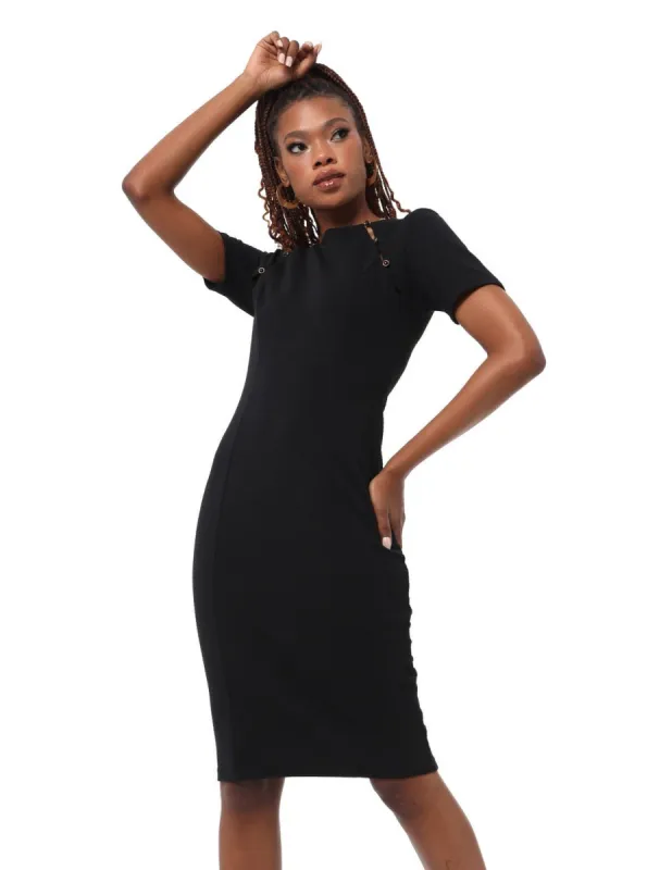 Ladies Button Neck Detail Bodycon Dress - Black sold by Edgars