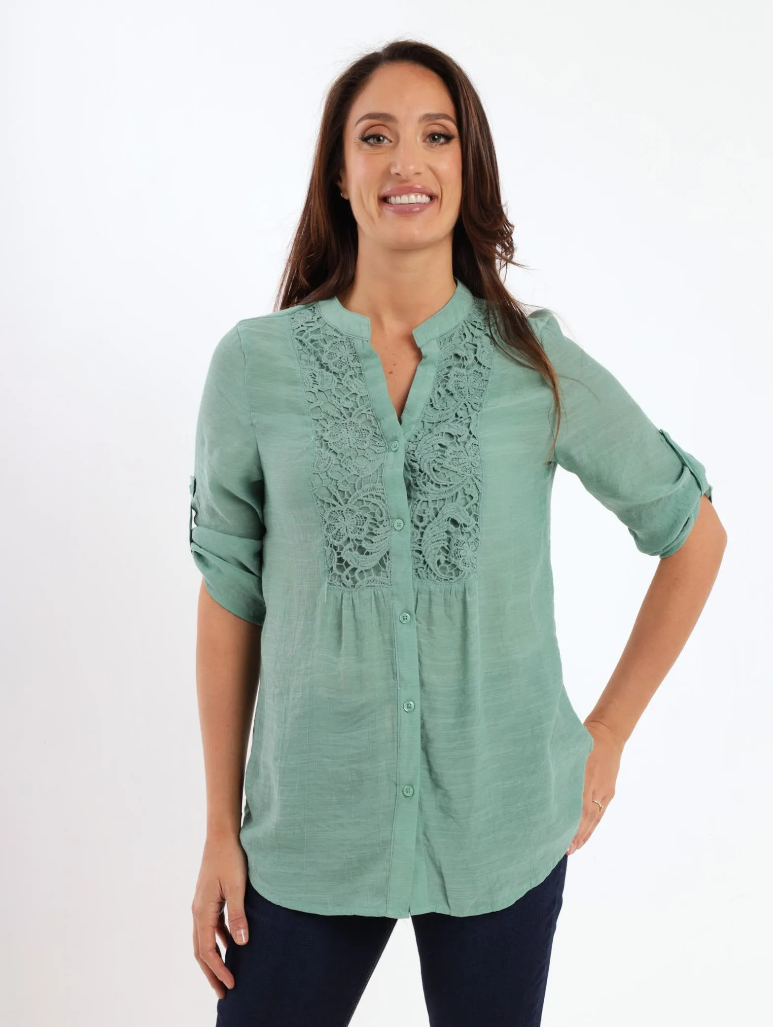Ladies Lace Insect Henley Top - Sage sold by Edgars