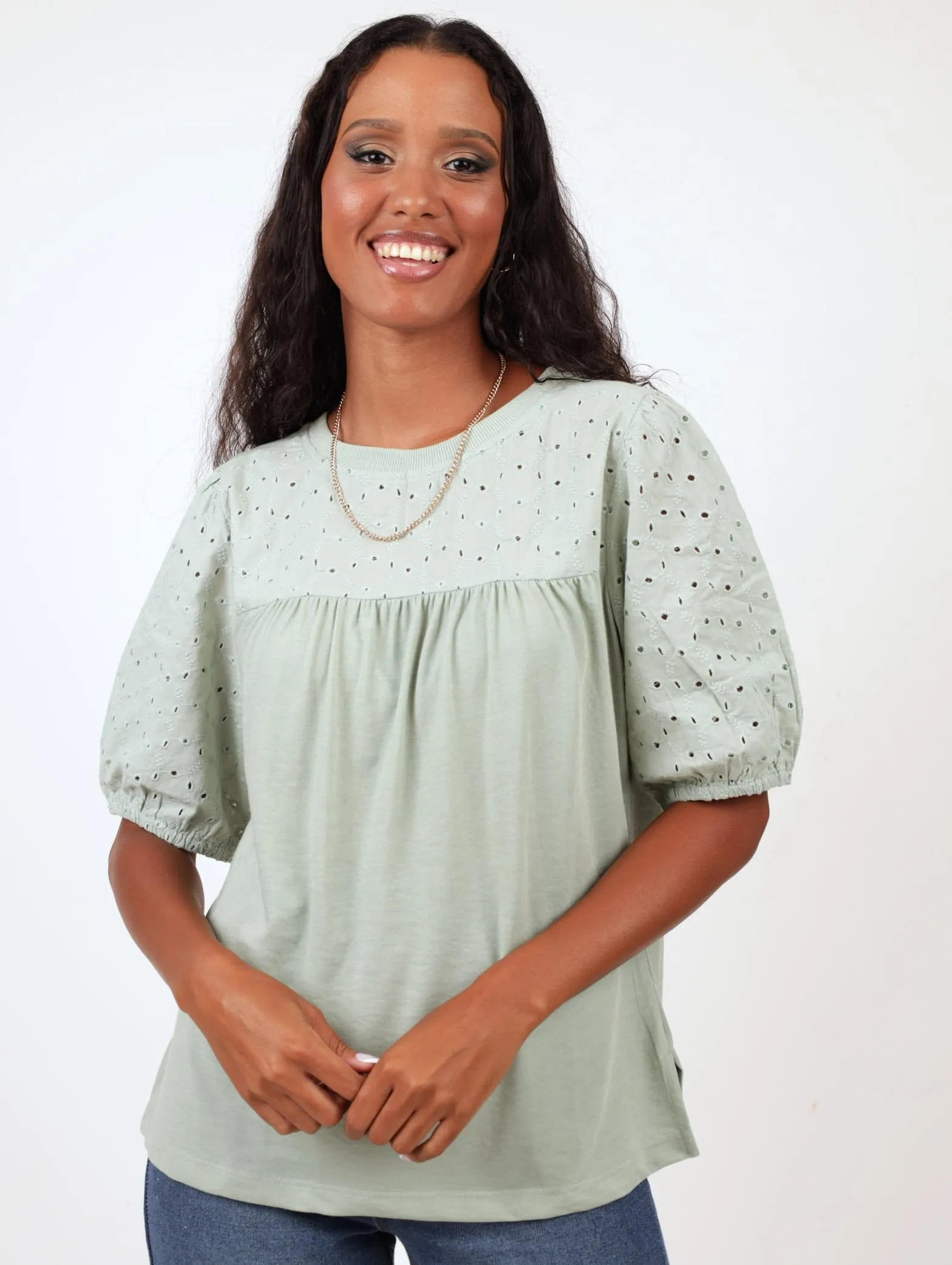 Ladies Anglaise Inset Puff Sleeve Tee - Sage sold by Edgars