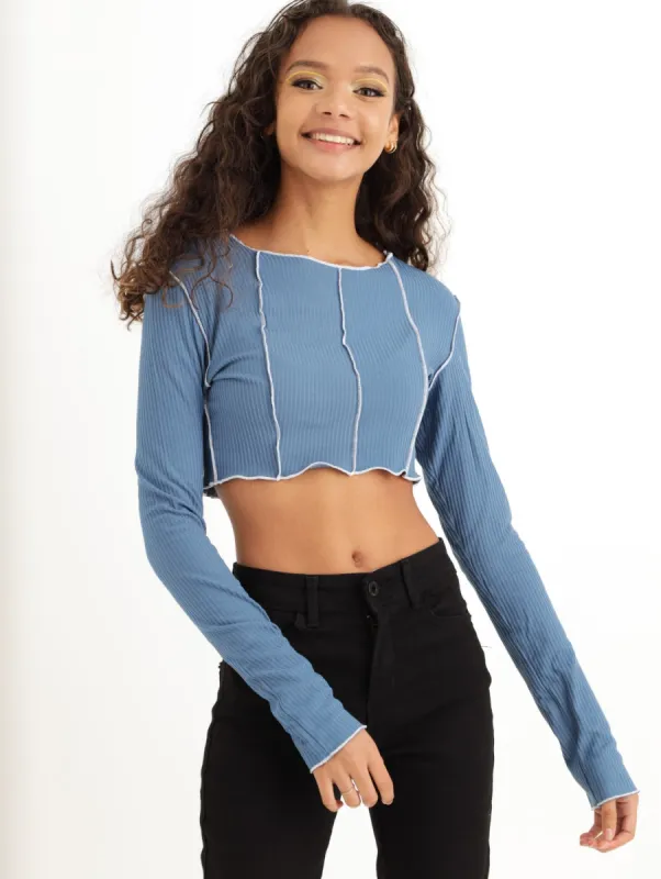 Ladies Long Sleeve Rib Exposed Seam Tee - Blue sold by Edgars