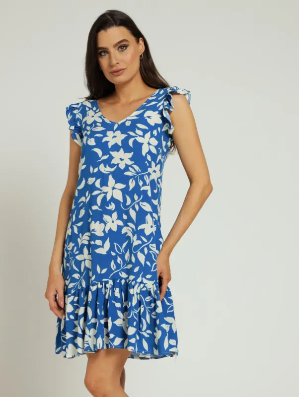 V-Neck Frill Sleeve Drop Hem Mini Dress With Tie Detail - White/Blue sold by Edgars 