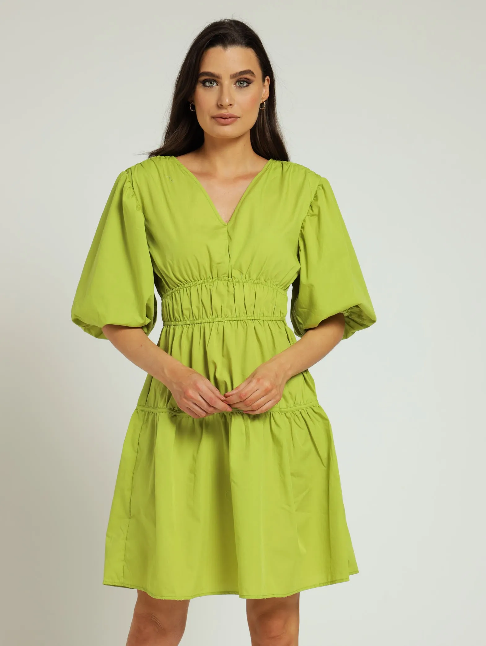 Bubble Sleeve Tiered Mini Dress - Lime sold by Edgars