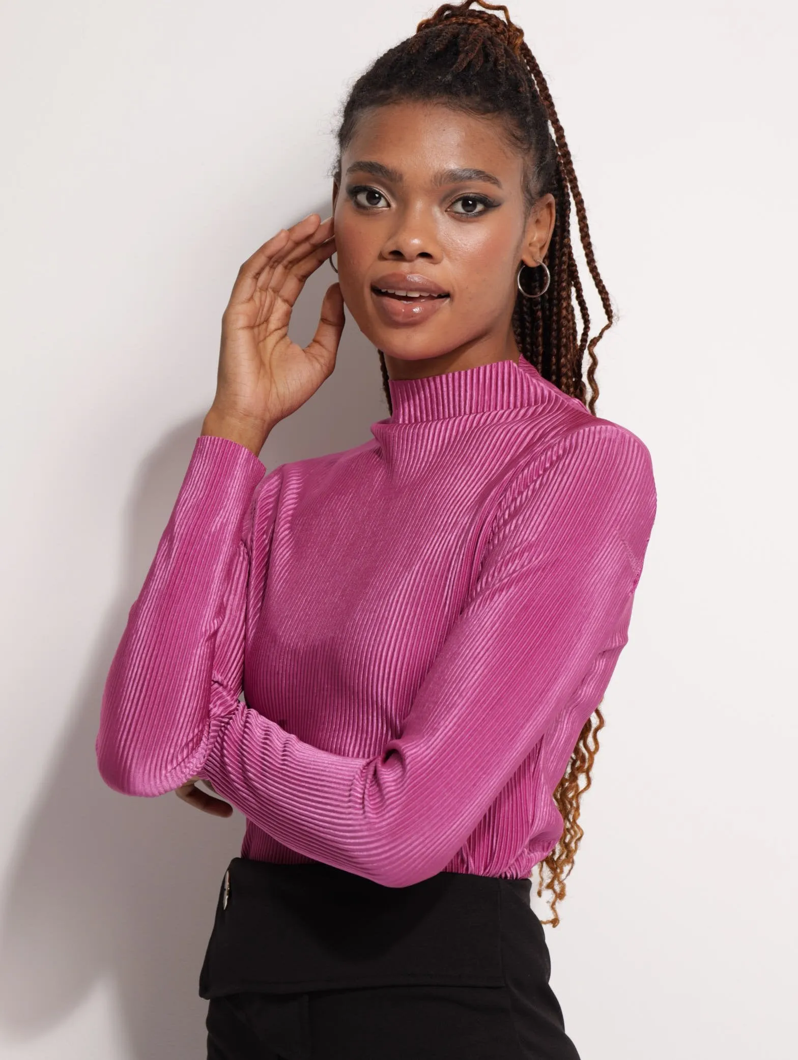 Ladies Long Sleeve Bodre Turtle Neck Top - Pink sold by Edgars