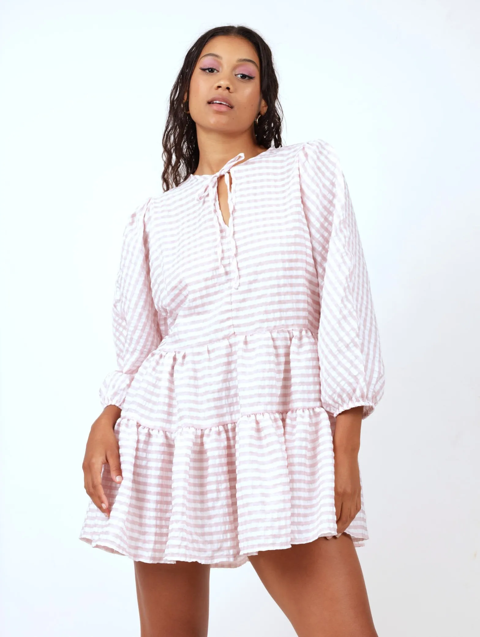 Ladies Long Sleeve Tiered Check Dress - Pink sold by Edgars