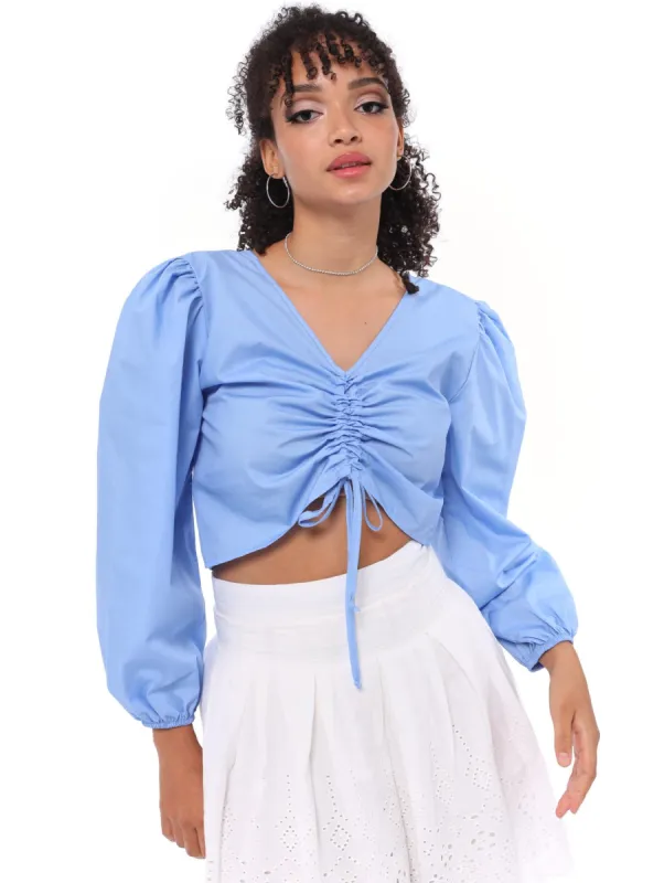 Ladies Rouched Front Long Sleeve Woven Top - Light Blue sold by Edgars