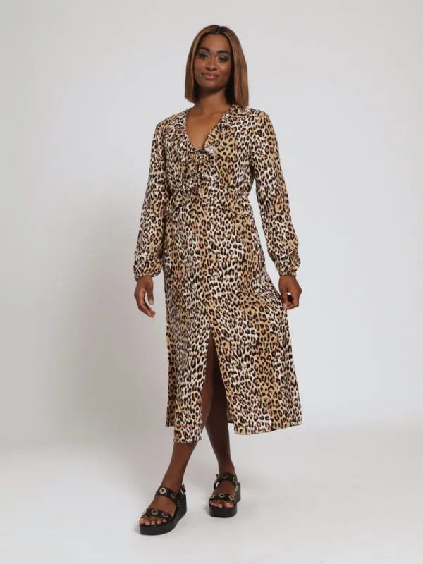 Long Sleeve Frilly Front Slit Midi Dress - Animal sold by Edgars