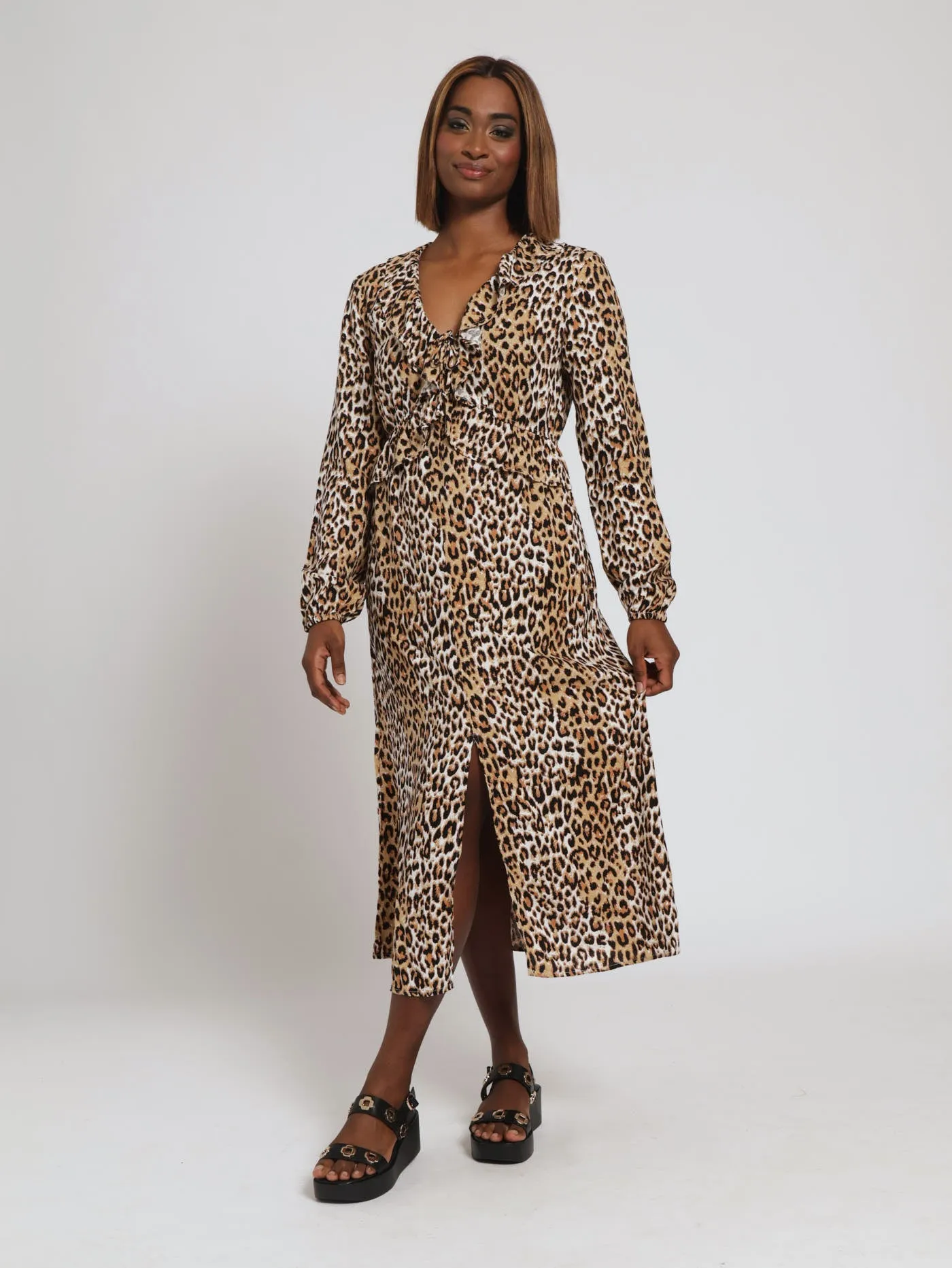 Long Sleeve Frilly Front Slit Midi Dress - Animal sold by Edgars