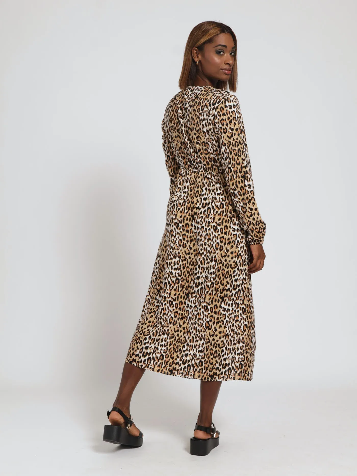 Long Sleeve Frilly Front Slit Midi Dress - Animal sold by Edgars product image thumbnail 3