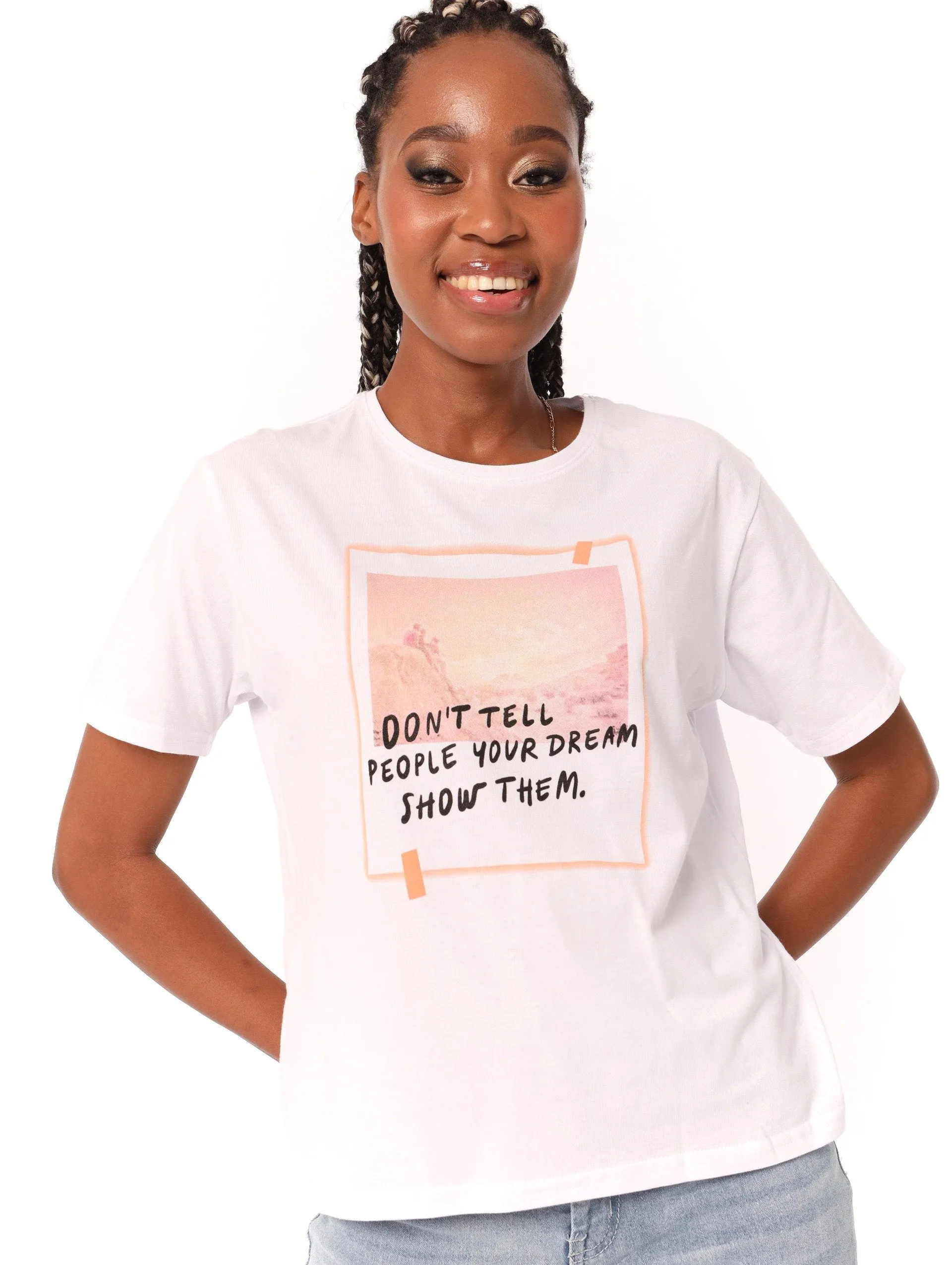 Ladies Boxy Show Your Dream Tee - White sold by Edgars