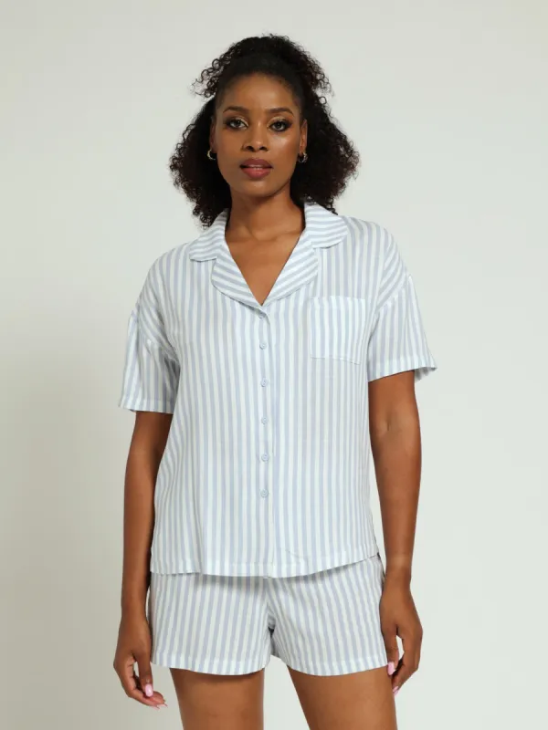 Linen Stripe Button Through Pj Shorts Set - White/Blue sold by Edgars