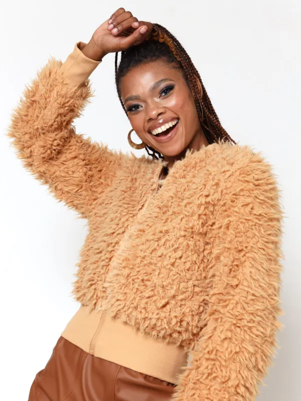 Ladies Fluffy  Bomber Jacket - Stone sold by Edgars