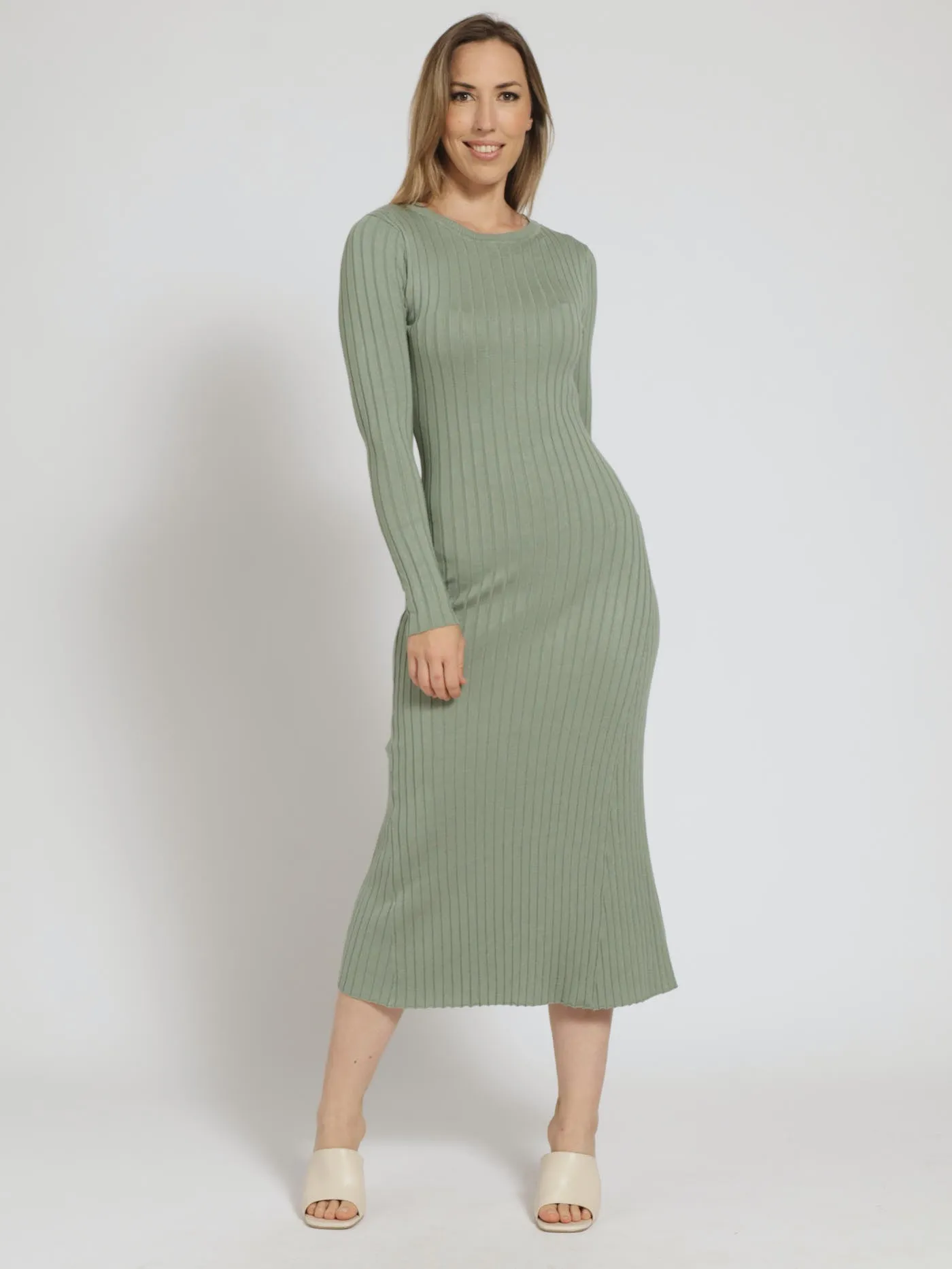 Long Sleeve Widerib Shift Jersey Maxi Dress - Sage sold by Edgars