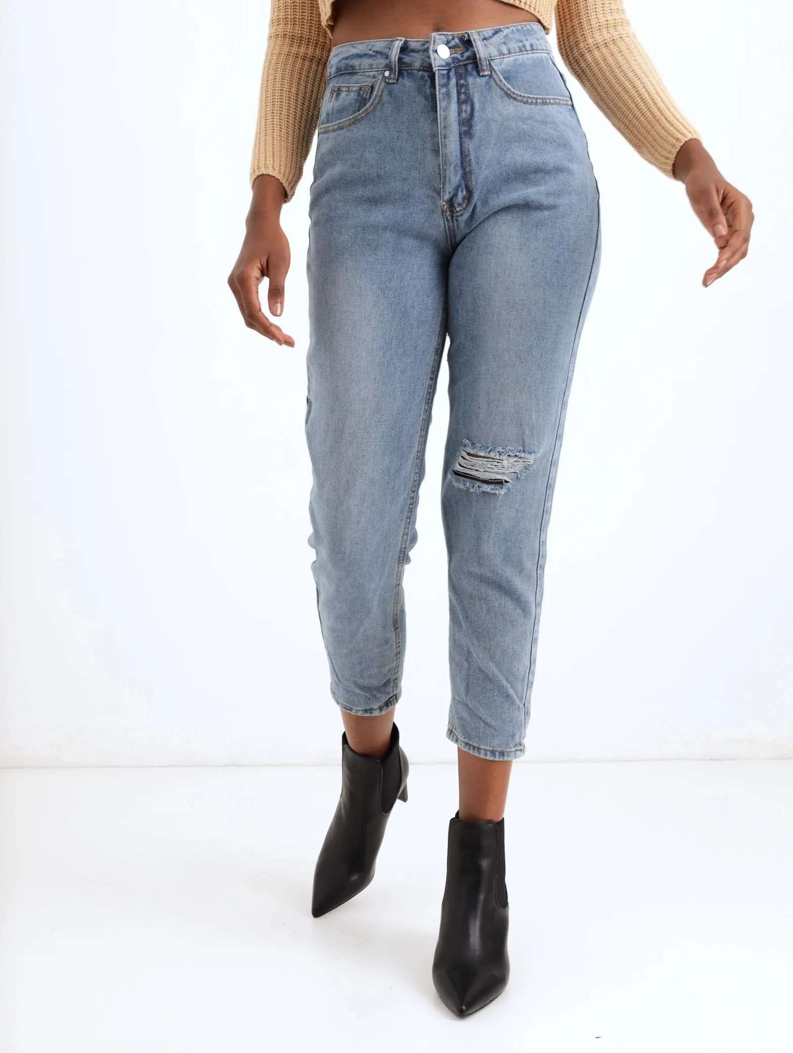 Ladies Stonewash Slash Knee Mom Denim Jean sold by Edgars