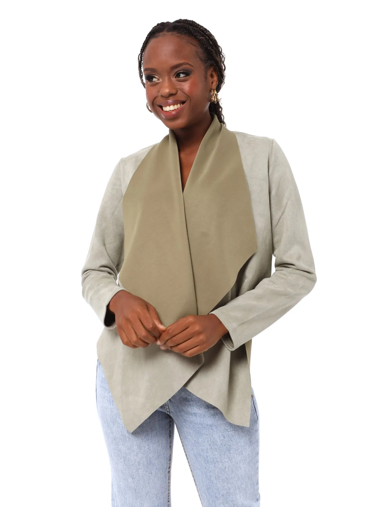 Ladies Suede Waterfall Jacket - Light Fatigue sold by Edgars