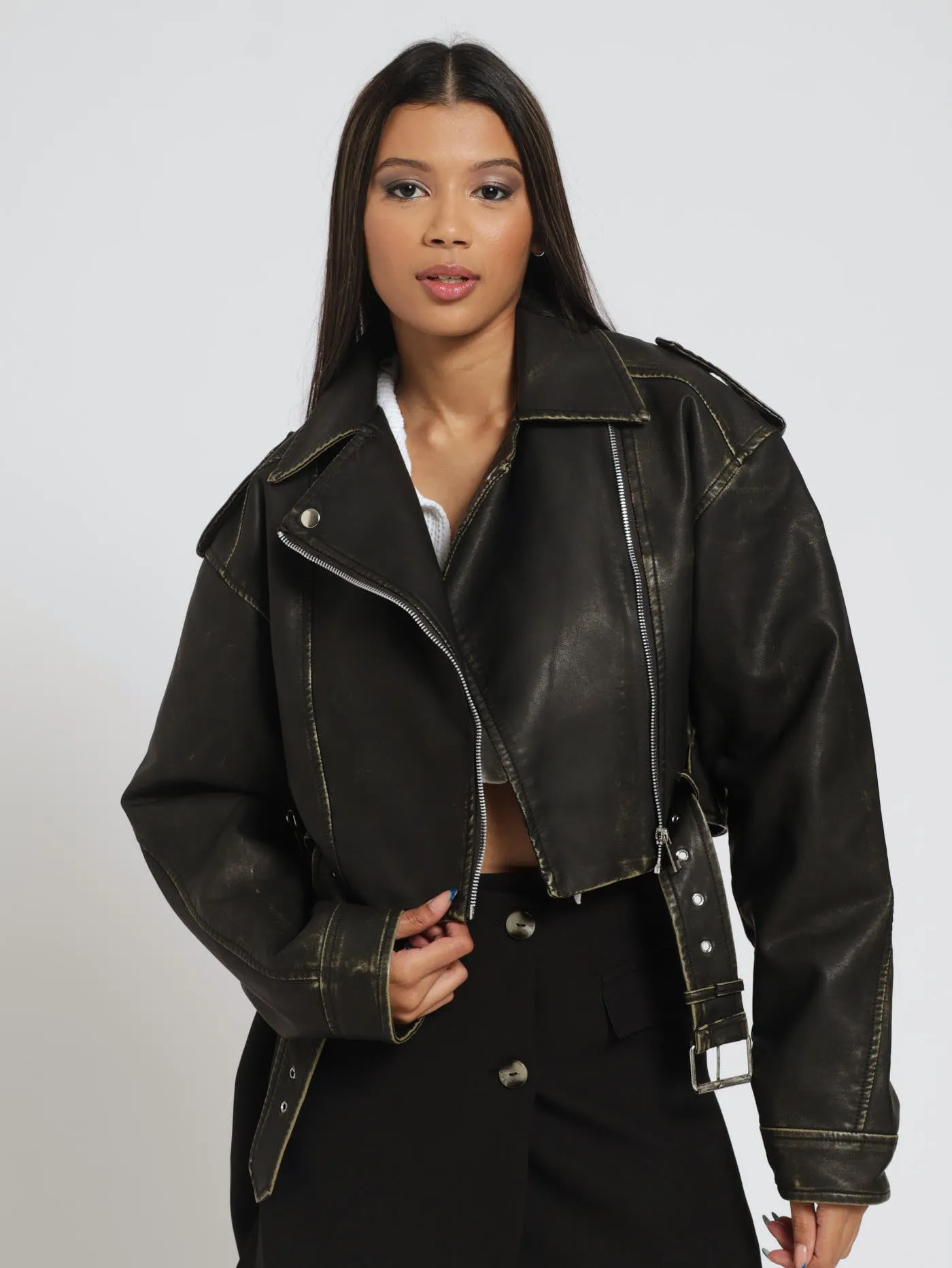 Crop Belted Biker Jacket - Chocolate sold by Edgars