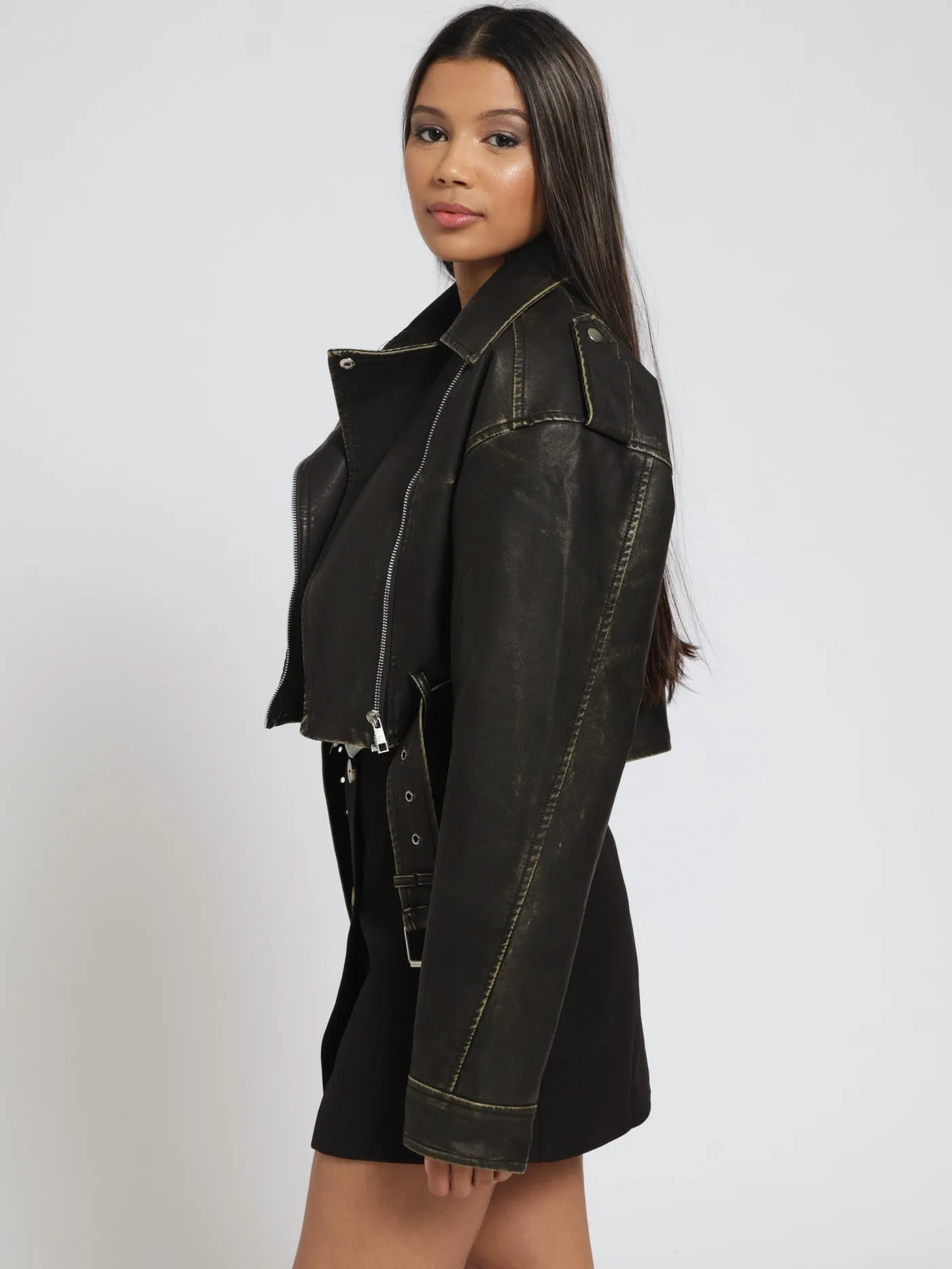 Crop Belted Biker Jacket - Chocolate sold by Edgars product image thumbnail 3