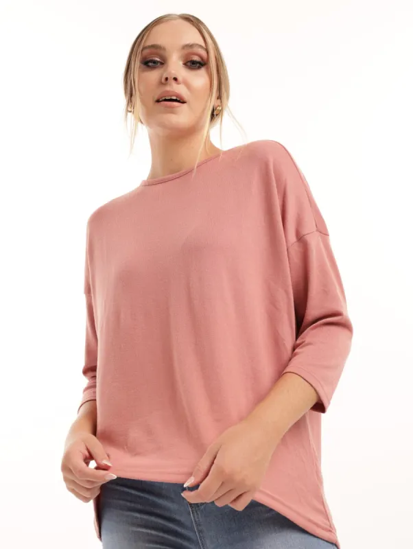 Ladies Loose Drop Shoulder Hilo 3/4 Sleeve Tee - Pink sold by Edgars