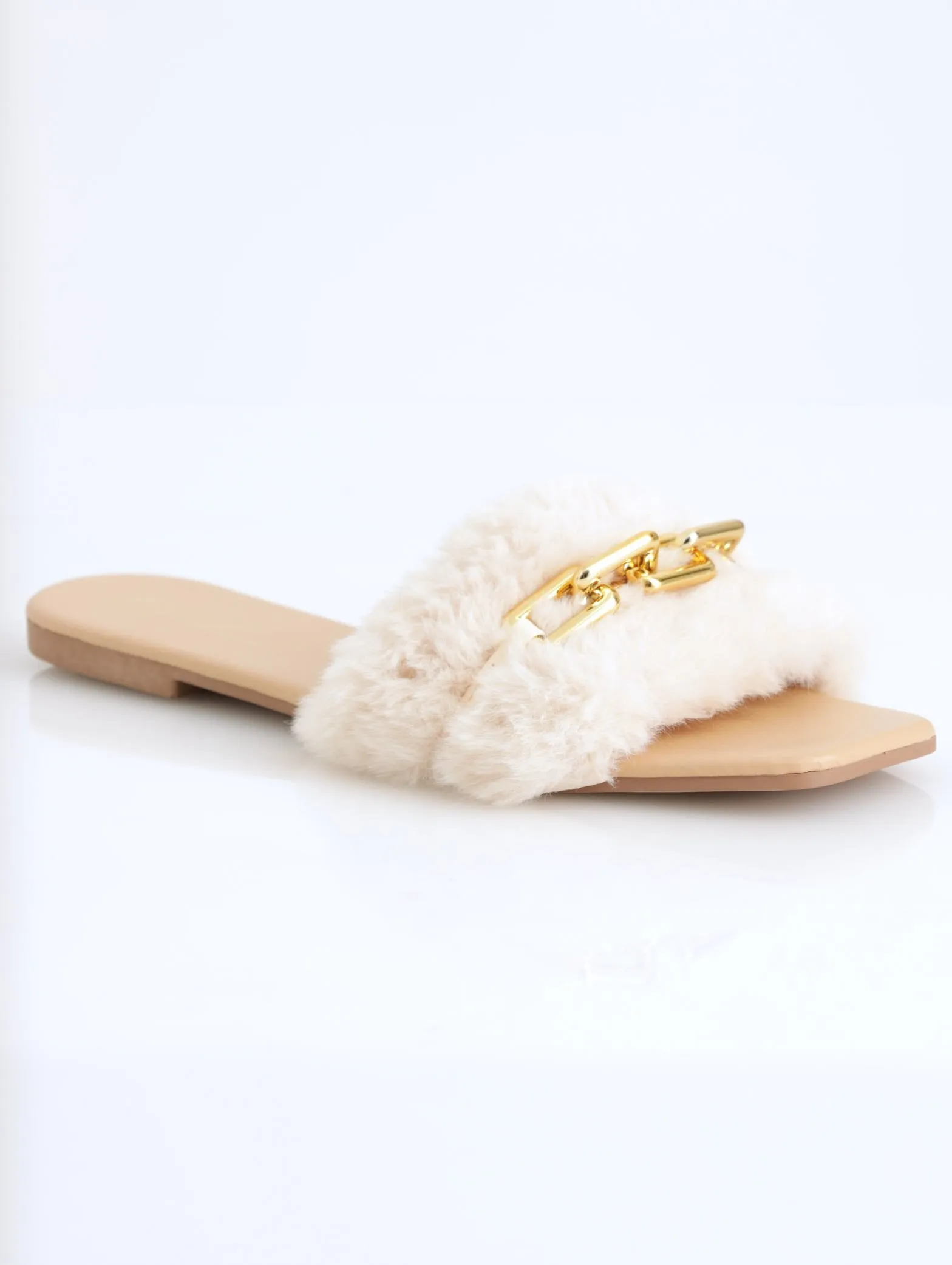 Ladies Fur Mule Sandal With Chunky Chain - Taupe sold by Edgars