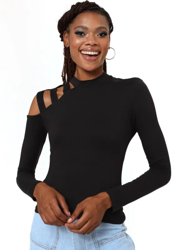 Ladies Long Sleeve Cut Out Shoulder Top - Black sold by Edgars