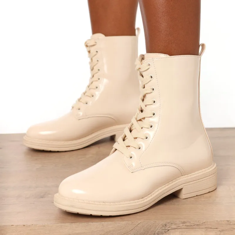 Ladies Plain Lace Up Boot On Cleated Sole - Oatmeal sold by Edgars