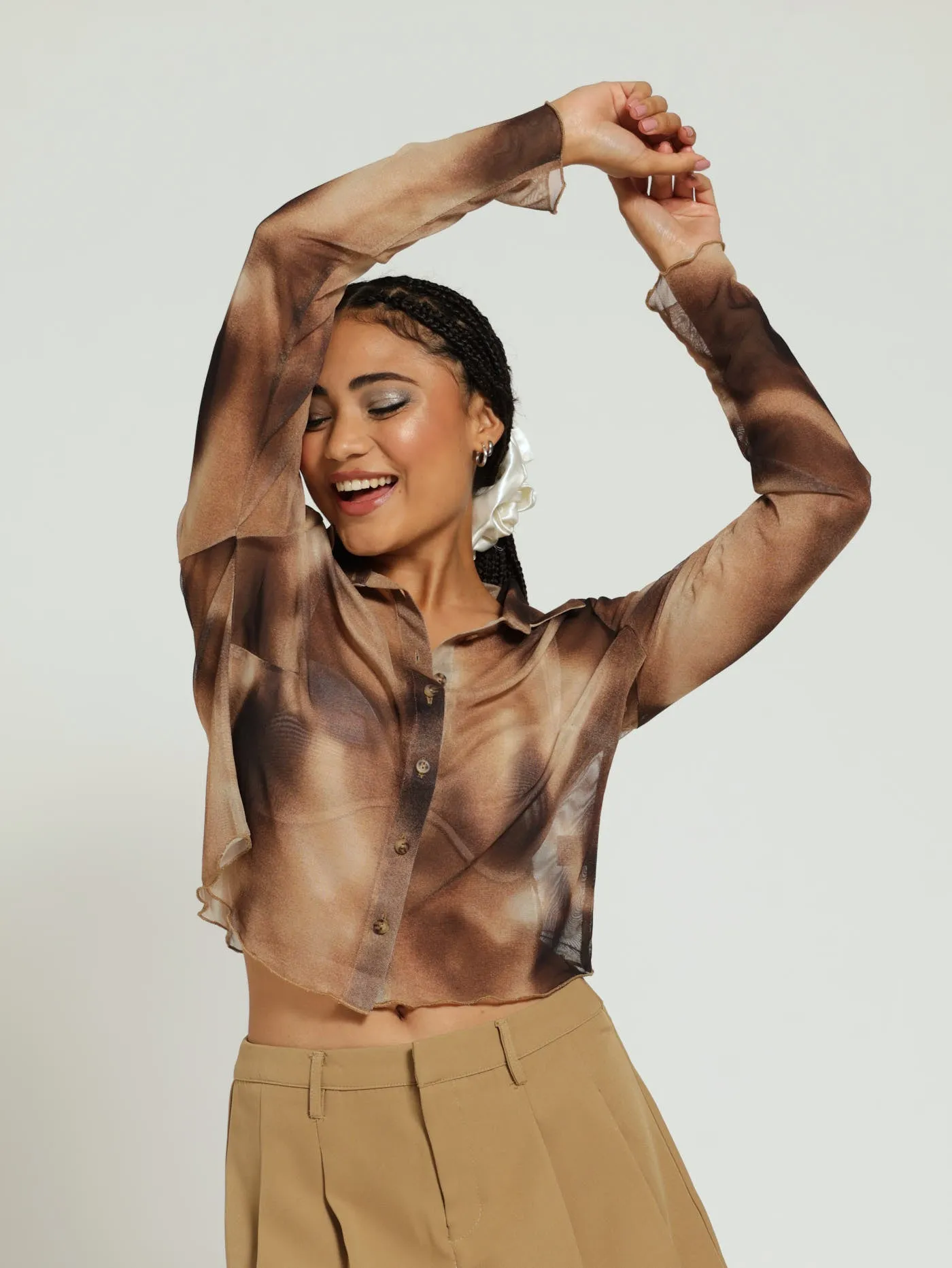 Long Sleeve Collar Mesh Top - Brown sold by Edgars