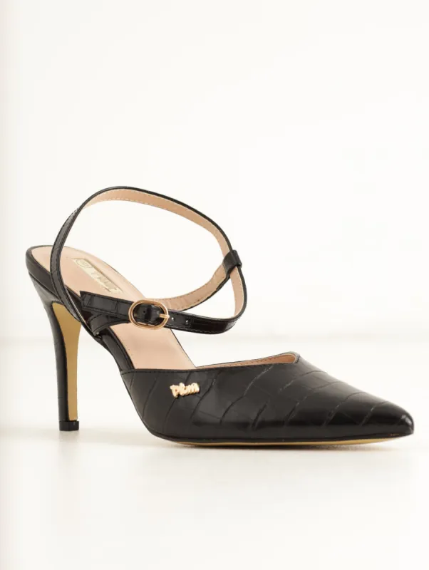 Ladies Reptile Pointed Toe Mule Heel - Black sold by Edgars