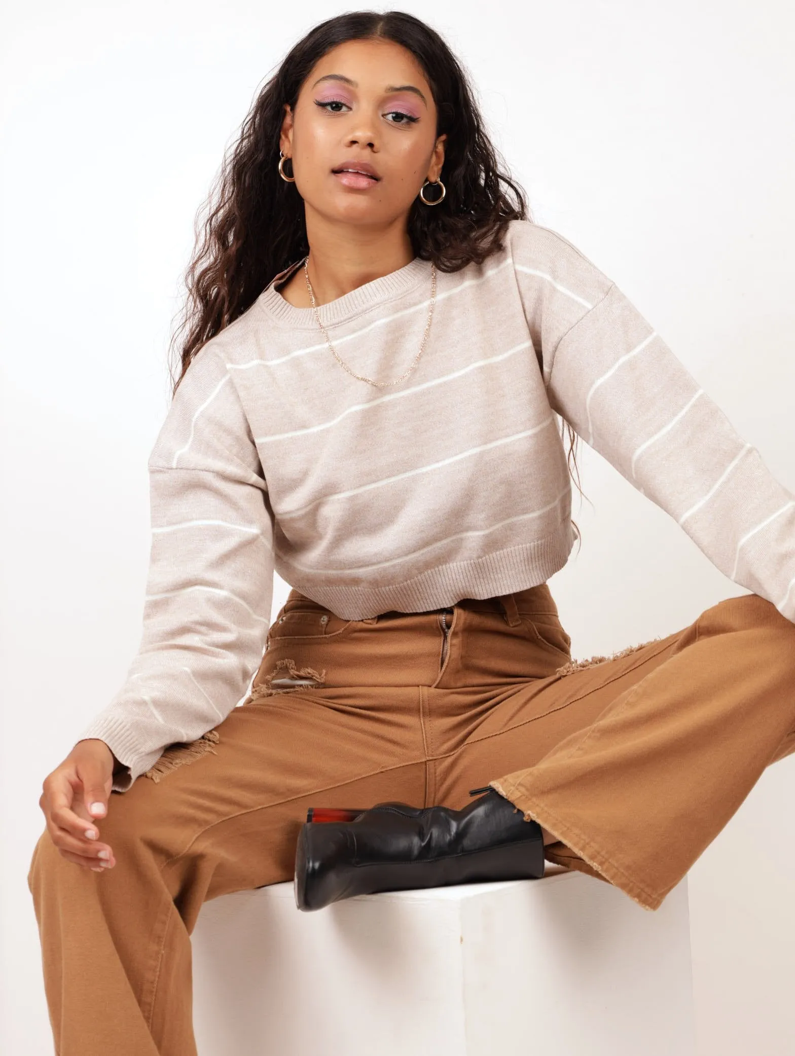 Ladies Striped Cropped Crew Pullover - Cream sold by Edgars