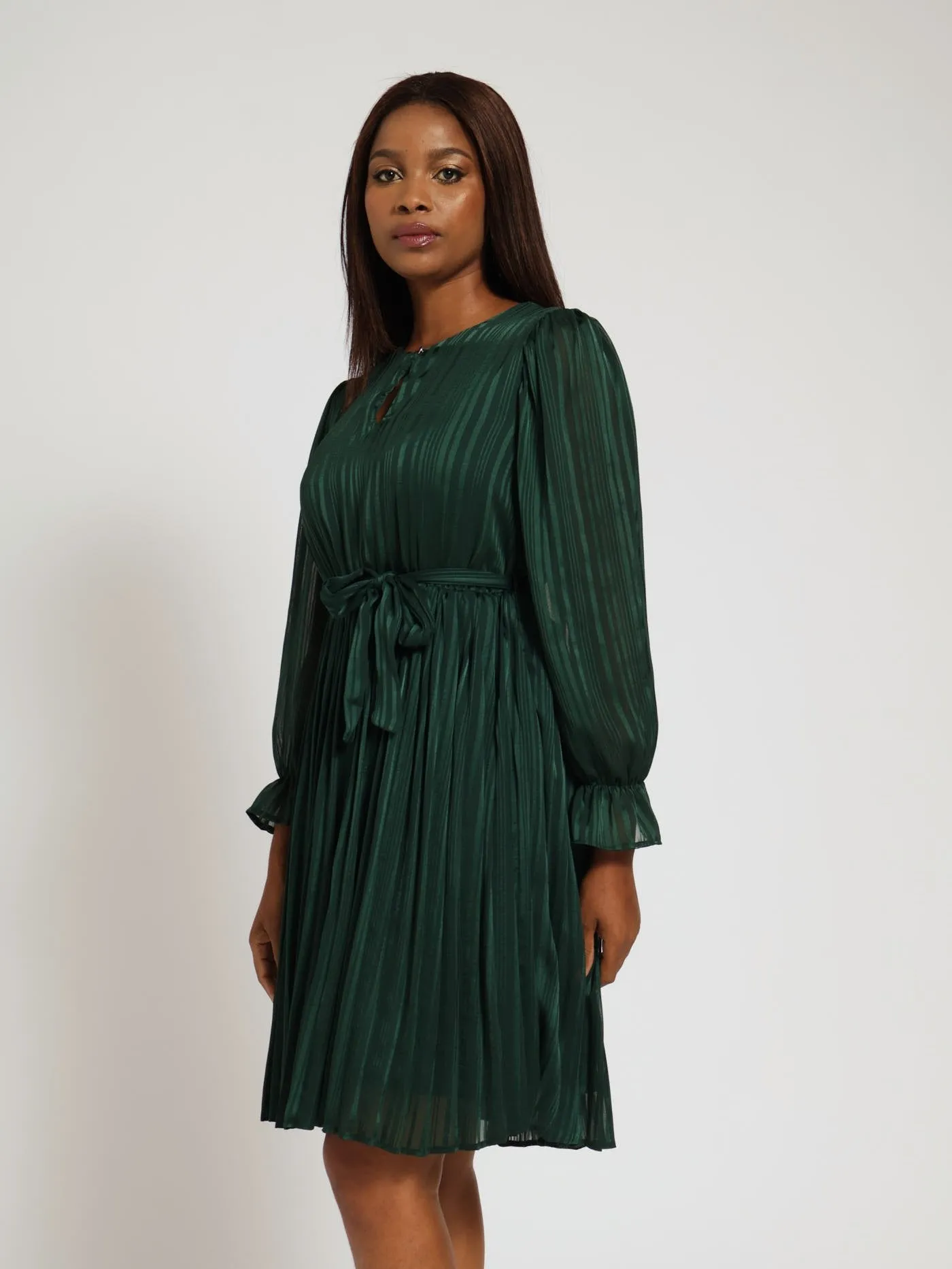 Long Sleeve Front Key Hole Pleated Tea Dress - Dark Green sold by Edgars product image thumbnail 2