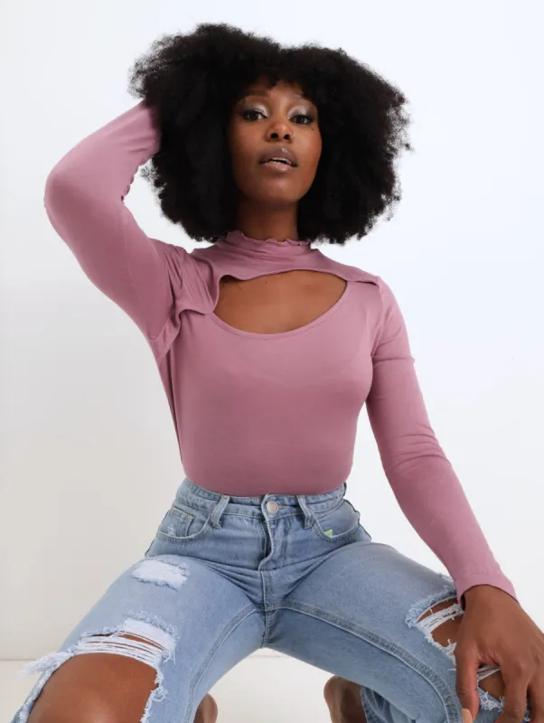 Ladies Long Sleeve Cut Out Tee - Mauve sold by Edgars