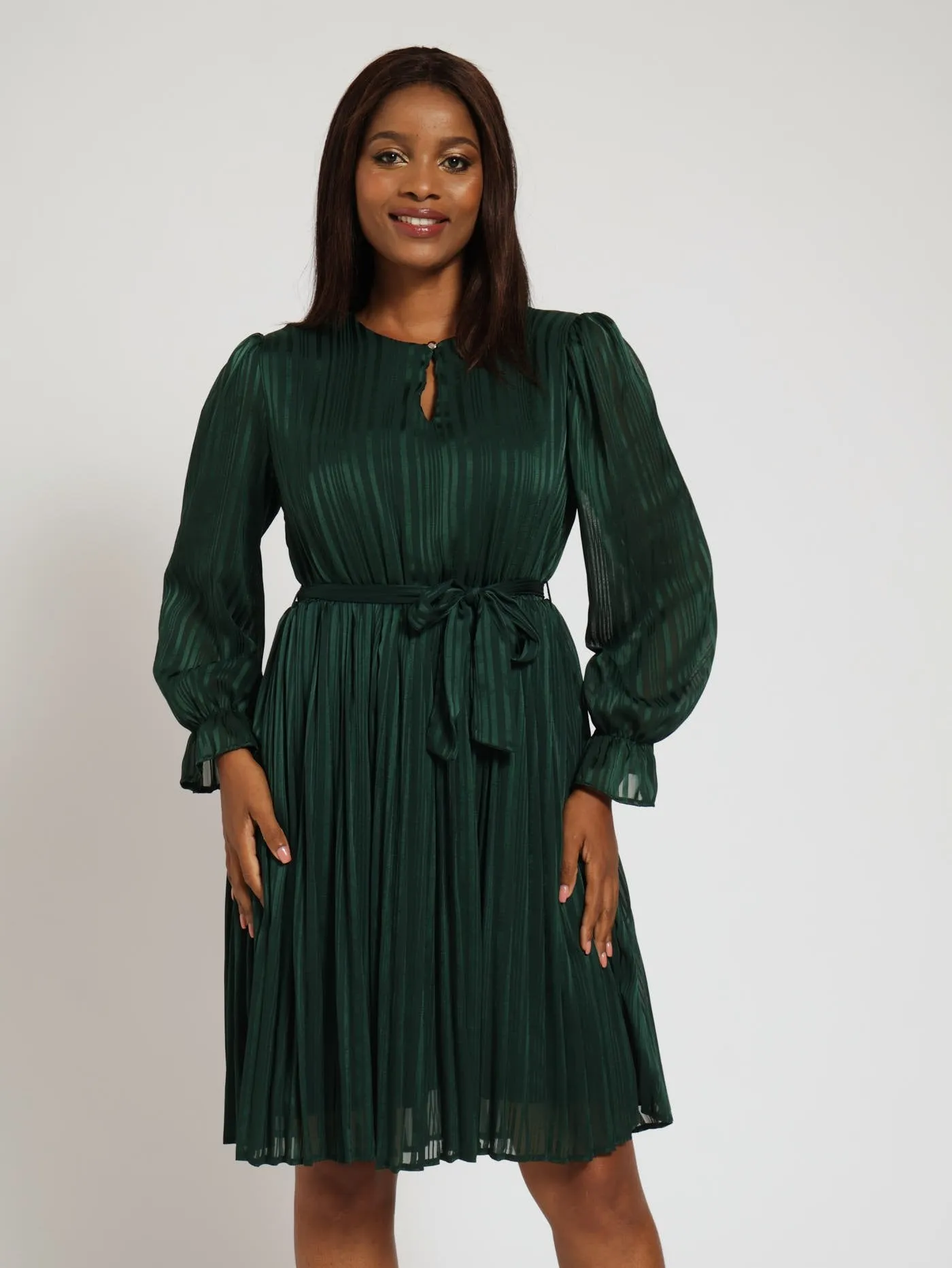 Long Sleeve Front Key Hole Pleated Tea Dress - Dark Green sold by Edgars