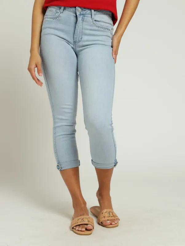 Mid Waist Capri With Pocket And Hem Detail Jeans - Light Wash sold by Edgars