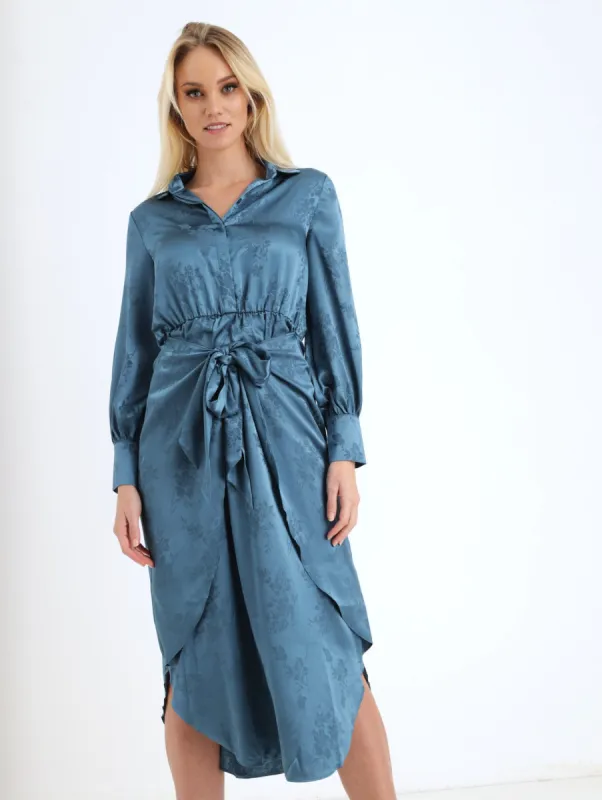 Ladies Button Down Jaquard Satin Shirtdress - Teal sold by Edgars