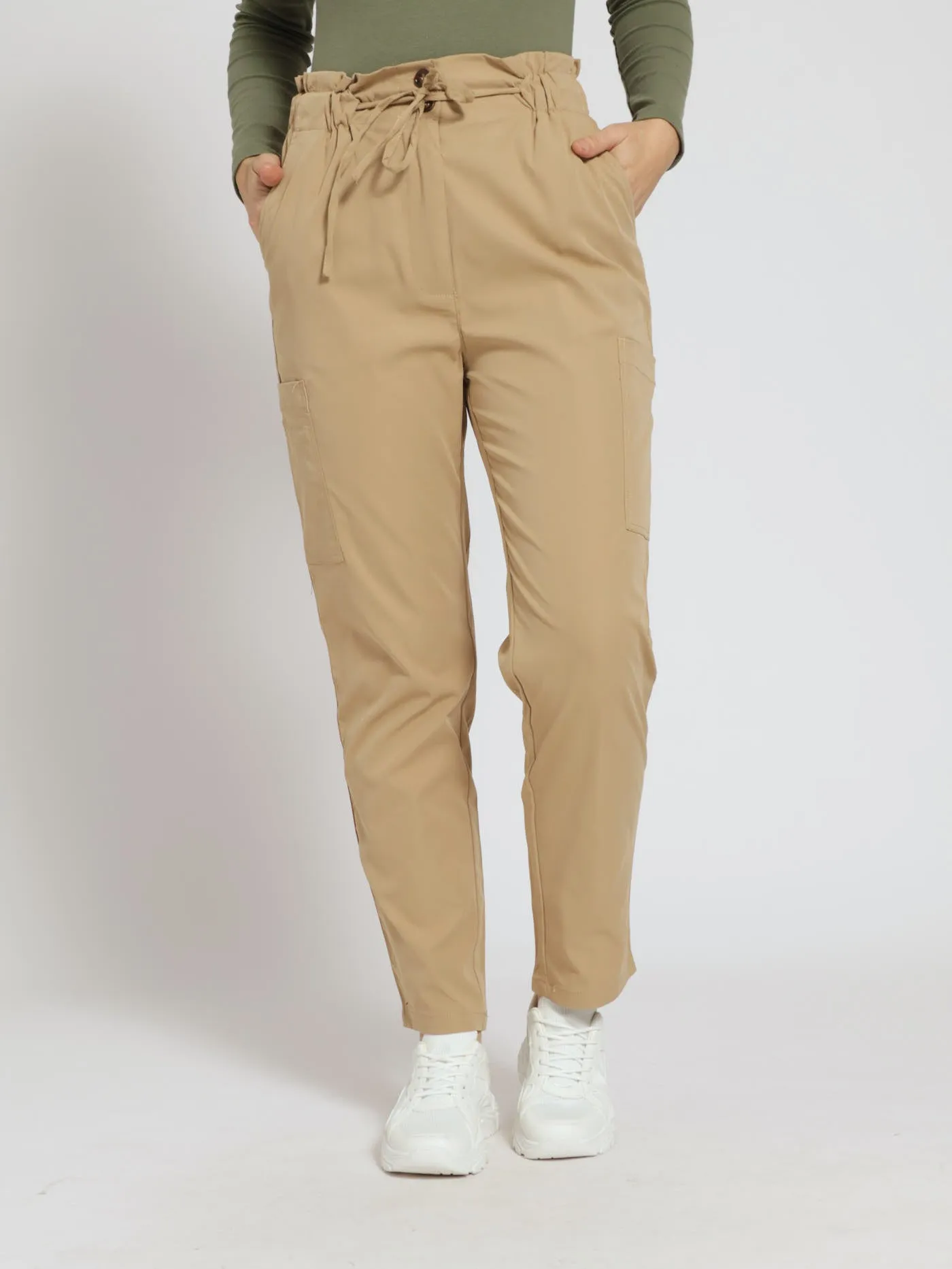 Twill Utility Paperbag Tapered Leg Pants - Mid Beige sold by Edgars
