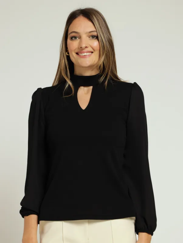 Hi-Neck Pleat Combo Blouse - Black sold by Edgars