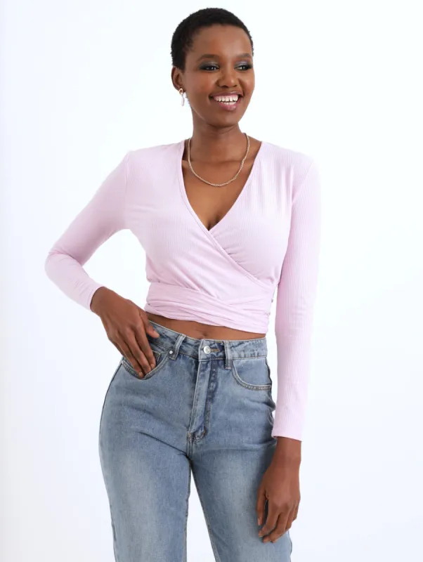 Ladies Long Sleeve Ribbed Crossover Top - Lavender sold by Edgars