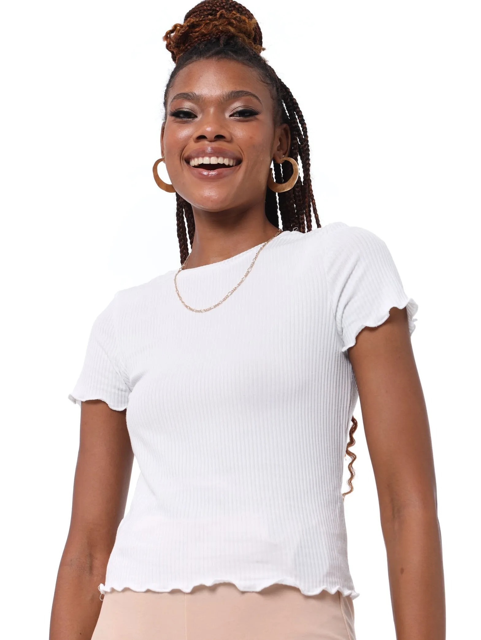 Ladies Short Sleeve Lettuce Edge Top - White sold by Edgars