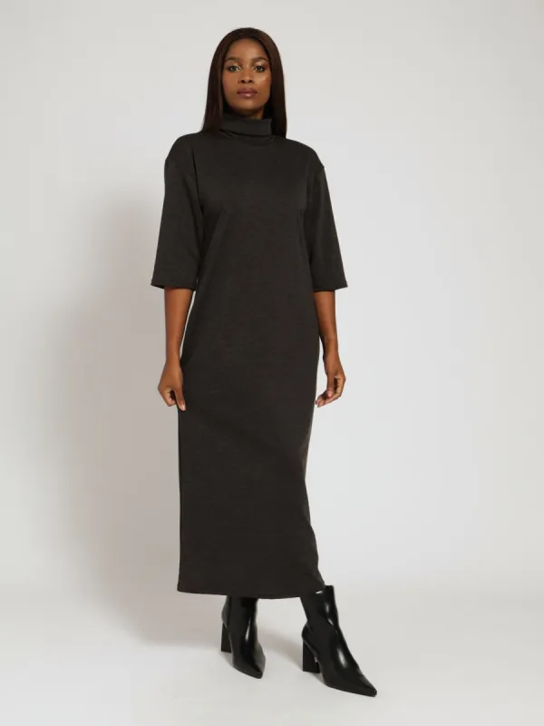 3/4 Sleeve Turtle Neck Shift Midi Dress - Charcoal Melange sold by Edgars 