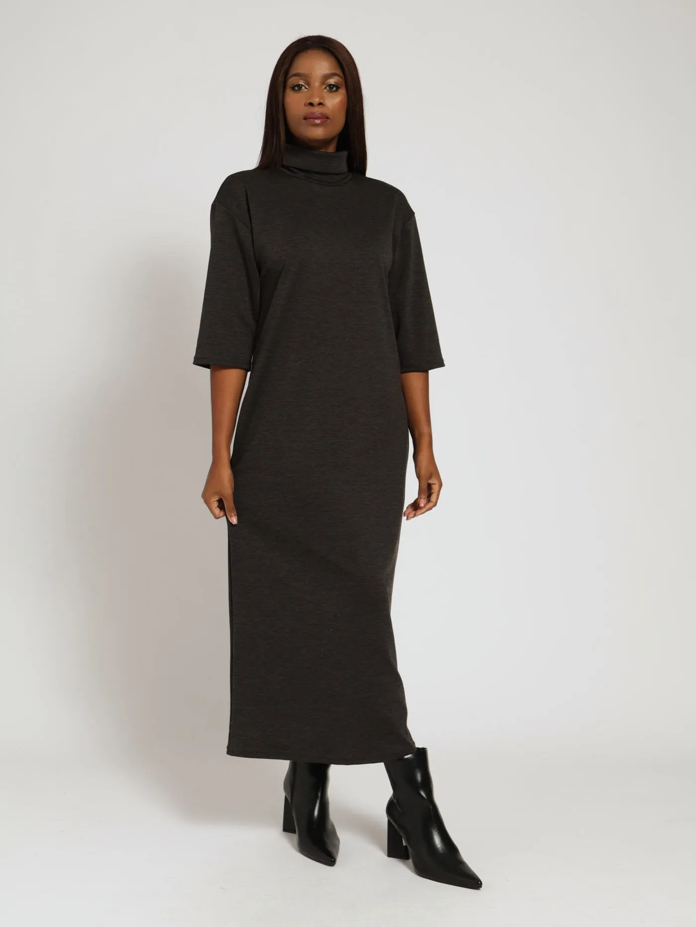 3/4 Sleeve Turtle Neck Shift Midi Dress - Charcoal Melange sold by Edgars