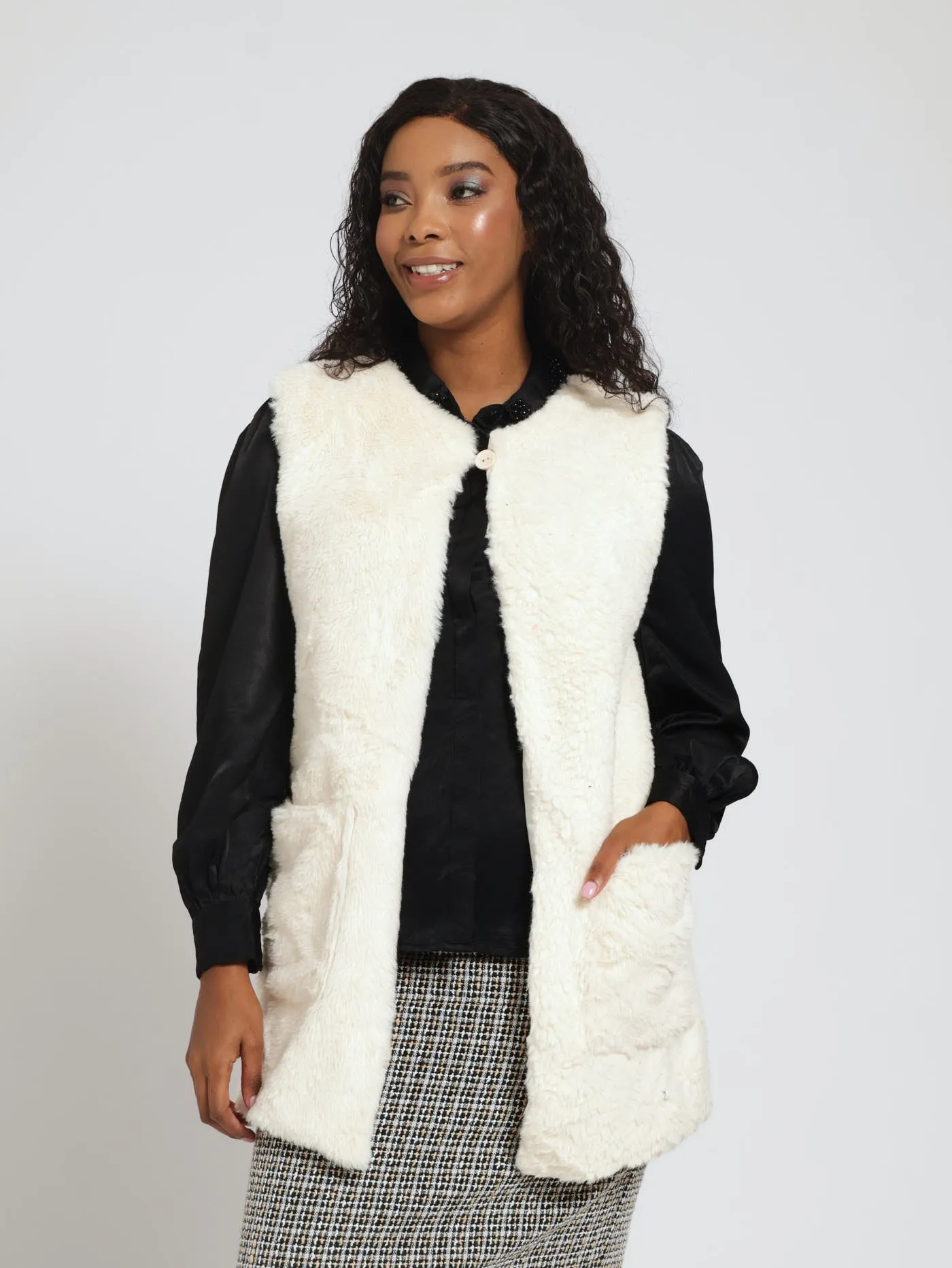 Fur Gilet Jacket With Patch Pockets - Vanilla sold by Edgars