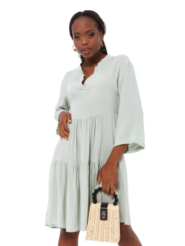 Ladies Tiered 3/4 Sleeve Flare Dress - Sage sold by Edgars
