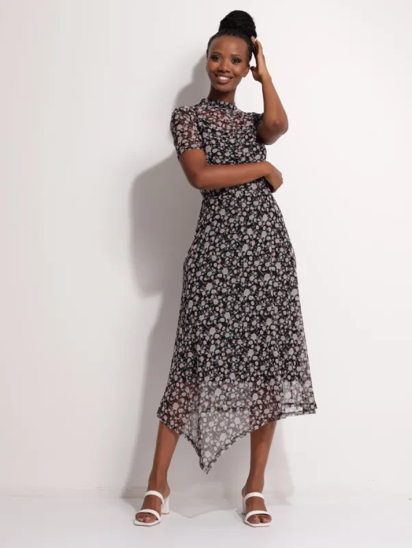 Ladies Mesh Ruched Asymetrical Hem Dress sold by Edgars