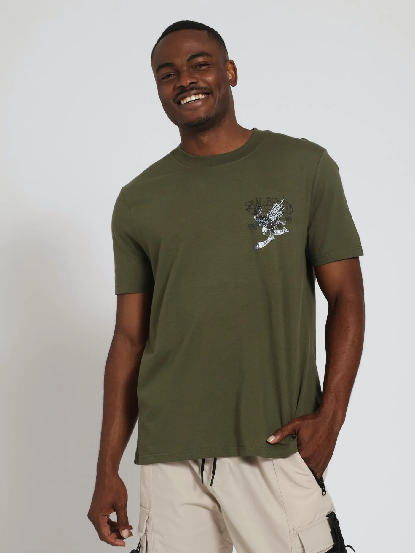 San Beneto Eagle Front & Back Print Tee - Light Fatigue sold by Edgars