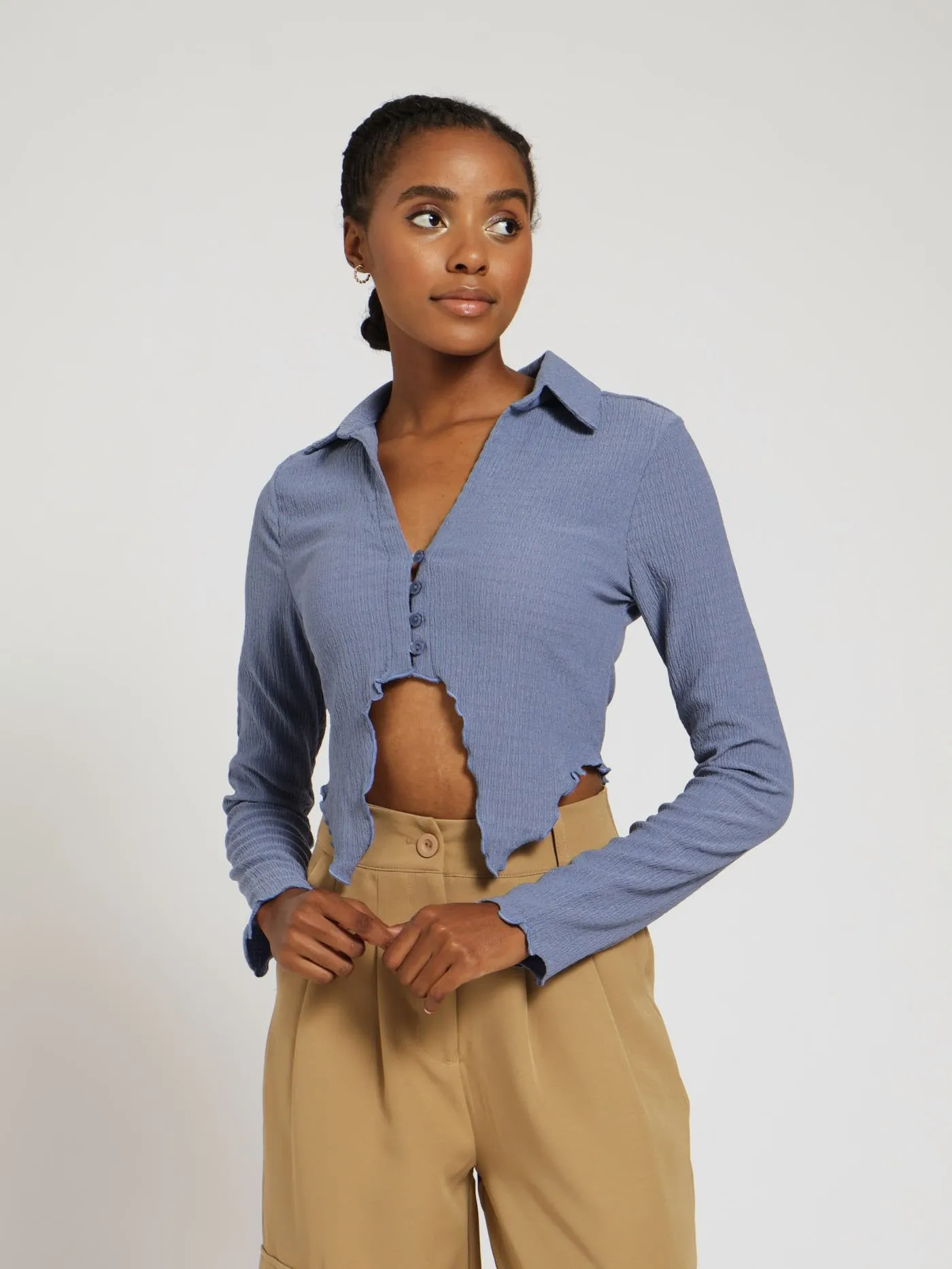Long Sleeve Crinkle Collar Top - Airforce sold by Edgars