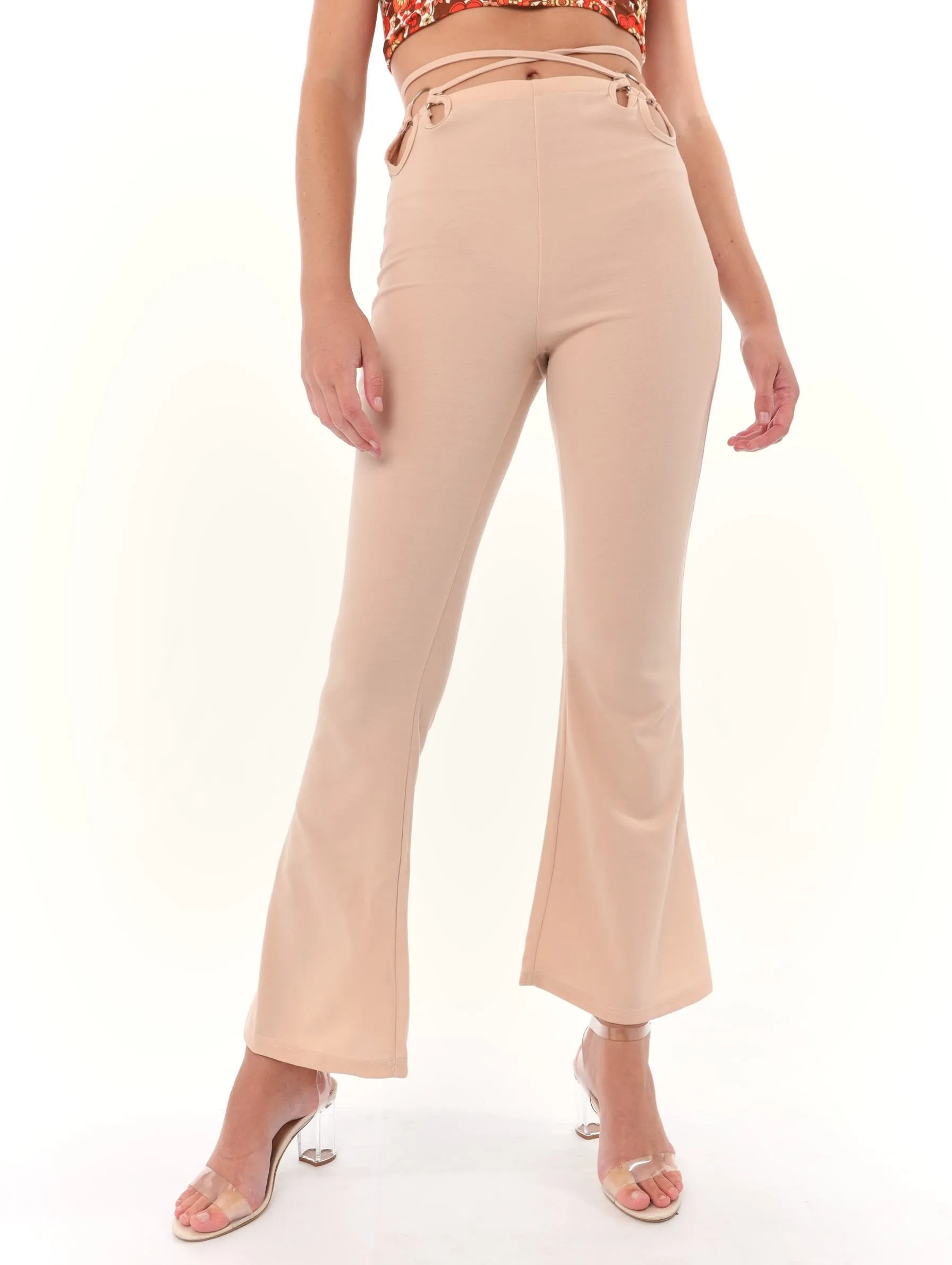 Ladies Tie Waist O-Ring Detail Bootleg Pant - Brown sold by Edgars
